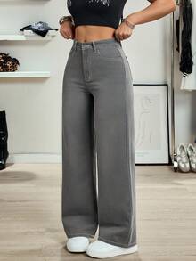 Jeanoix 女士高腰口袋阔腿宽松休闲牛仔裤 - 灰色 - 查看 3