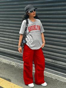 2pcs/Set Teen Girl Letter Print Round Neck Short Sleeve T-Shirt And Cargo Pants, Casual Outfit Wide Leg Sweatpants Baggy Outfits Brooklyn Outfit Baggy Girl Pants Baggy Pants - Multicolor - View 4