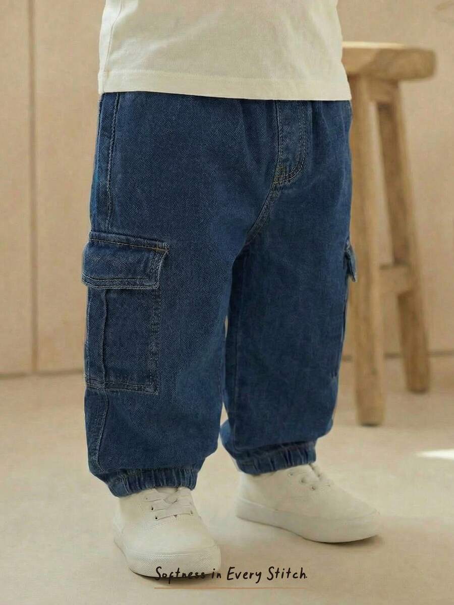 Cozy Pixies Baby Boy Decorative Pocket Elastic Waist Cuffed Jeans, Versatile & Comfortable