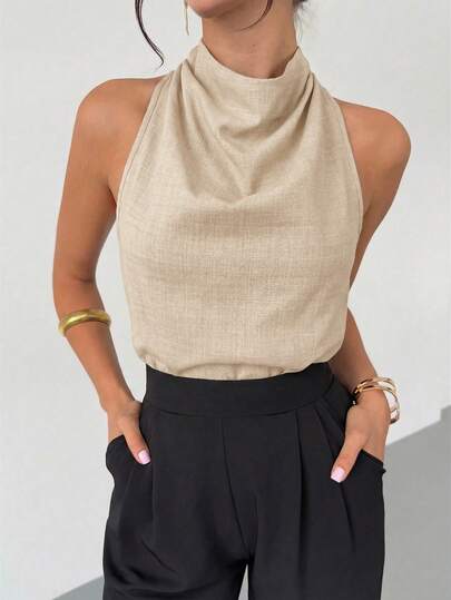 Firerie Spring/Summer Apricot Faux Bamboo Linen Top New Elegant Casual Commuter Vintage Modern Irregular Collar Sleeveless Halter Backless Bow Decor Fitted Commuter Blouse,Backless Halter Top,Elegant Women Halterneck Sleeveless Top With Tie Back Detail Perfect For Summer Outings