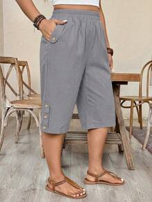 EMERY ROSE Plus Size Women Elastic Waist Side Pockets Rivet Decor Casual Bermuda Shorts - Grey - View 5