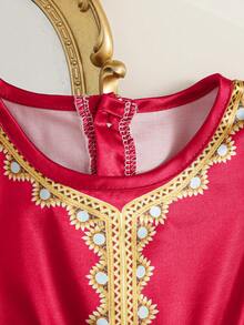 Sparklyn Babymädchen Frühlingsstil Mittlerer Osten Muster Kontrast Farbe Rundhals Jumpsuit, angenehmer Stoff mit Glanz, geeignet für Urlaubsmode - Rot - Übersicht 8