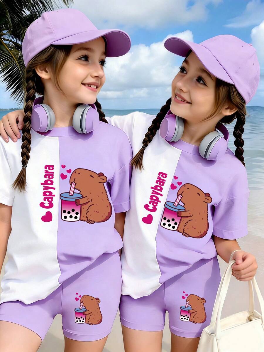 Bộ đồ thời trang cho bé gái mới biết đi, hoạt hình sáng tạo dễ thương màu xanh lam, tách trà sữa Boba & họa tiết Alpaca, khối màu, áo ngắn tay cơ bản, đơn giản & quần short biker - Nhiều màu - Xem 1