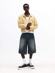 SUMWON Yellow Check Print Long Sleeve Crop Fit Button Up Shirt With Dual Front Chest Pockets Classic Collar Casual Spring Summer Layering Piece - Multicolor - View 3