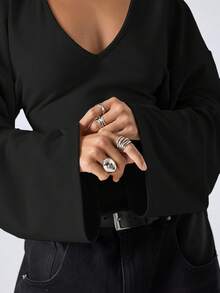 LYSMO V-Neck Flare Sleeve Cropped Long Sleeve Women T-Shirt Top Black Blouses Long Sleeve Black Top Tops With Sleeves Black Shirt Women Sexy Black Top - Black - View 7