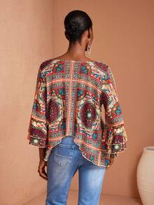 JIAN LASALA All-Over Print Mesh V Neck Ruffled Sleeves Asymmetric Hem Women Transparent Top Boho Casual - Multicolor - View 2