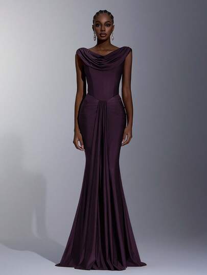 Elitara 优雅简约的咖啡色缎面圆领鱼尾连衣裙，饰有亮片细节，适合婚礼、节日、单身派对、正式场合、伴娘礼服