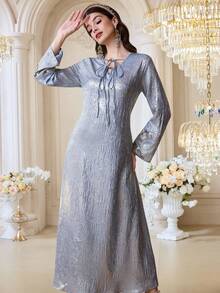 Al Najma 女士优雅阿拉伯风格长袖系领连衣裙 - 淺藍色 - 查看 6