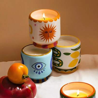 Joivida 波西米亚风陶瓷烛台杯，空杯，不含蜡烛，3.54英寸手绘动物/热带图案蜡烛罐，适用于香薰蜡烛 - 可作为客厅、卧室、咖啡桌的装饰摆件，打造波西米亚风家居装饰，也是节日礼物、馈赠亲友的理想之选。