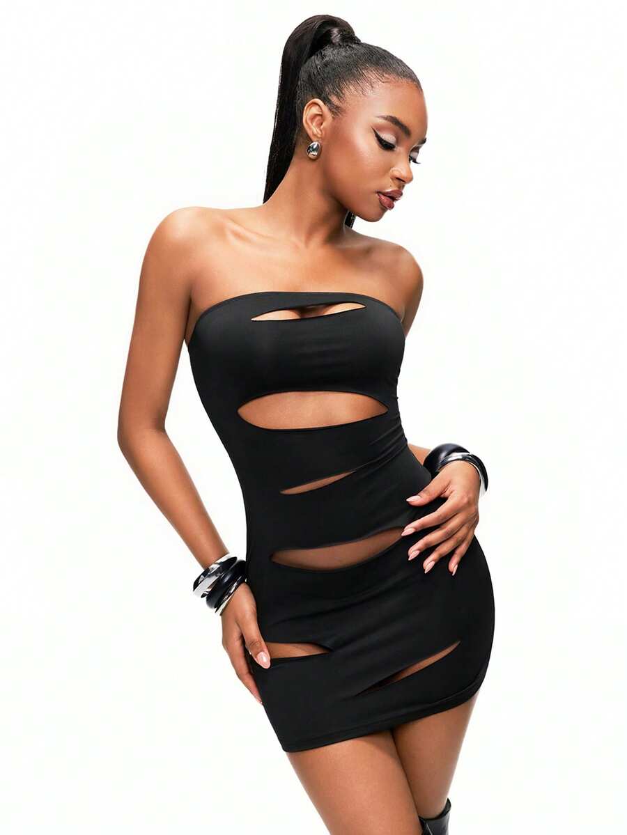 TypaGal Rochie mini tub sexy pentru femei, culoare uni, cu scobitură, model tubulară, vară - Negru - Vizualizare 1