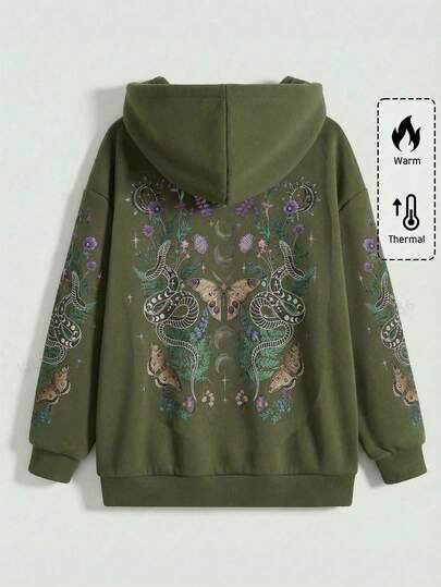 Gothic Y2K Bindweed, Butterfly, Coiled Snake, Thorn Tree Plus Size Black Zip-Up Sweatshirt Jacket, Autumn/Winter Women Plus Size Black Sweatshirt Jacket, Christmas Holiday Casual Women Sweatshirt Jacket