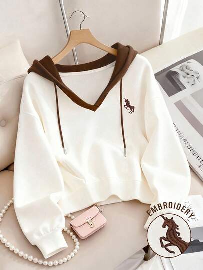 Resyla 女士户外套头衫，返校季，户外度假，运动休闲风，撞色设计，秋季新品，白棕撞色，连帽长袖上衣，秋冬新款，秋季上衣，图案设计，刺绣独角兽图案