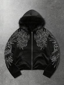 ROMWE MEN Street Life Spring Casual Graphic Men'S Printed Long Sleeve Zip-Up Hooded Sweatshirt With Fur Collar - Black - View 2