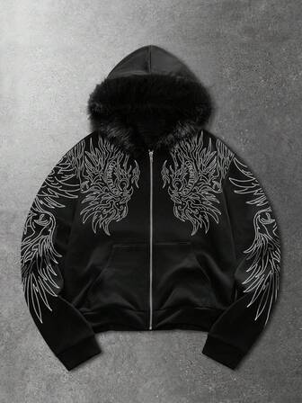 Street Life Men's Printed Long Sleeve Zip-Up Hooded Sweatshirt With Fur Collar