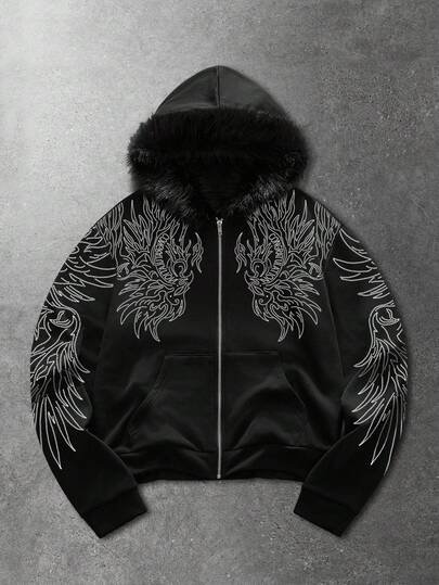 Street Life Felpa con cappuccio e chiusura lampo uomo, con maniche lunghe e stampa, con colletto in pelliccia