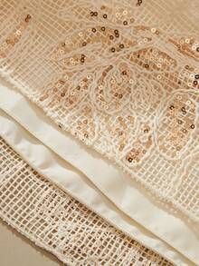 SHEIN 女童杏色涤纶植物图案派对连衣裙，可爱修身A字中长款，泡泡袖半袖立领，女童公主裙，亮片刺绣连衣裙，杏色公主裙，亮片，舞会礼服，舞台，表演，生日派对，婚礼假日礼服，更显俏皮可爱，夏季，优雅派对 - 杏色 - 查看 10