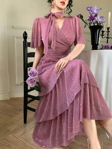 DAZY V领优雅收腰层叠时尚中长连衣裙 - 粉色 - 查看 8