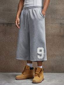 AXEPEAK Men's Casual Versatile Numeric Print Drawstring Waist Shorts - Light Grey - View 3