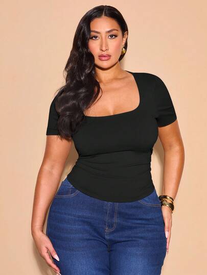 SHEIN BAE 大码春夏高街灰色方领收褶弹力针织紧身短袖T恤，优雅百搭通勤上衣，商务休闲女装