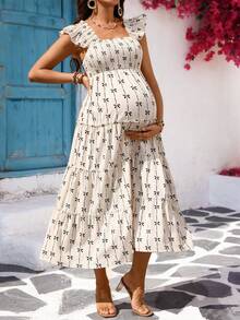 SHEIN 孕妇夏季度假休闲印花宽松连衣裙 - 卡其色 - 查看 8