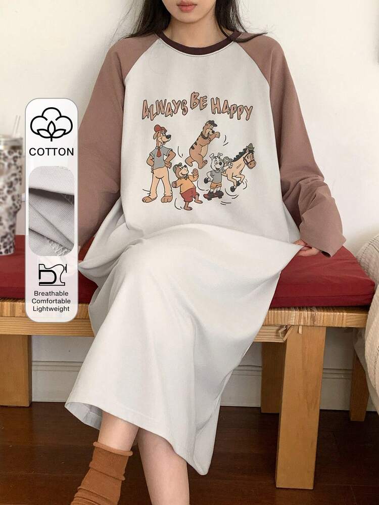 Cartoon Print Contrast Color Raglan Sleeve Loose T-Shirt Style Women Nightgown