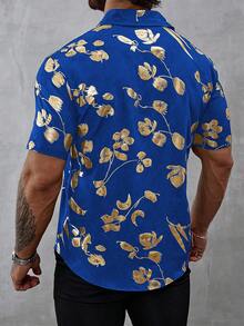 Manfinity Homme 男士夏季休闲度假风印花短袖衬衫，深蓝色纽扣夏威夷衬衫，男士短袖纽扣大胆印花衬衫，芙蓉花衬衫，夏威夷风情衬衫，男士花卉衬衫 - 藍色 - 查看 2
