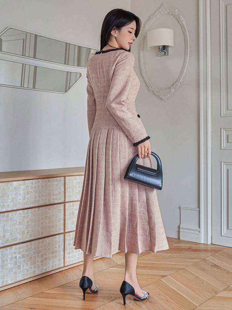 Women's Elegant Colorblock Faux Pocket Pleated Square Neck Long Dress, Spring/Summer Sundress
