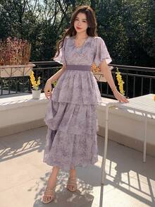 DAZY Vestido de mujer elegante con estampado floral de patchwork, cuello en V y volantes en el bajo, vestido largo de verano tipo sundress - Caqui - Ver 7