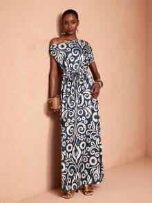 JIAN LASALA All-Over Print Knit Jersey One-Shoulder Drape Waist Tie Batwing Sleeves Women Maxi Dress Beach Wedding Guest - Multicolor - View 3