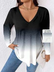 EMERY ROSE Plus Size Women Ombre Color Block V-Neck Long Sleeve T-Shirt - Multicolor - View 1