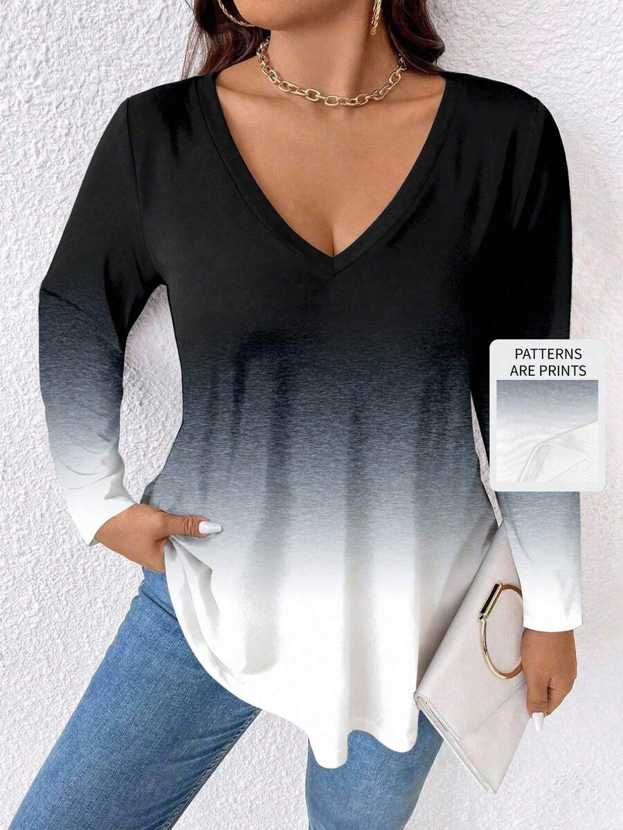 EMERY ROSE Plus Size Women Ombre Color Block V-Neck Long Sleeve T-Shirt - Multicolor - View 1