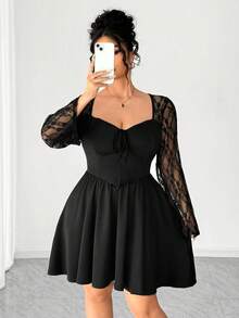 Elenzga Vestido de talla grande con mangas acampanadas, cuello en forma de corazón y cintura con lazo de unicolor - Negro - Ver 4