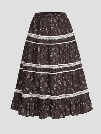 Fairycore Gonna a-line con pizzo a contrasto e stampa floreale ditsy per taglie forti