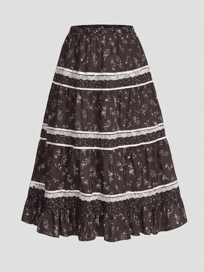 Fairycore Plus Size Women Ditsy Floral Contrast Lace A-Line Skirt