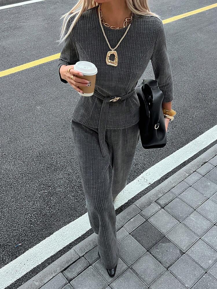 Women's Round Neck Long Sleeve Metal Waist Top And Pants Fashion 2 Pieces Set