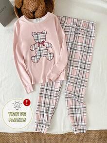 2 件套女式休闲可爱熊印花上衣和经典格子紧身裤舒适家居服套装 - 彩色 - 查看 1