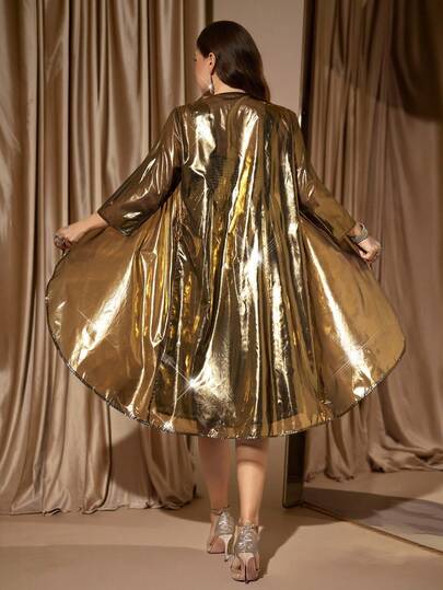 Gownix Curvy Plus Size Women's Elegant Party Two-Piece Set: Shiny See-Through Knitted Flowing Gold  Coat + Suspender Pleated Diamond-Embellished Waist Flowing Chiffon Long Dress Set, High-Quality Fabric,New Year Dress , New Year Women's Clothes , New Year Look ,Long Party Dresses , Elegant Dresses For Party , Curvy Party Dresses,Going Out ,Graduation Dress For Women ,Long Graduation Dress , Graduation Guest Dress , Elegant Long Graduation Dress , Ball Gown , Prom Dresses For Women , Formal Ball Gowns For Women , Prom Dress Plus Size,Sparkly Dress ,Sequin Dress,Night Out,Date Night Outfits Women,Mother Of The Bride Dresses For Wedding,Formal Dresses For Women ,Luxury Dress,Chic Evening Dress ,Gold Formal Dress For Women,Mother Of The Bride Dresses For Wedding/Winter,2025 New,Suitable For Multiple Occasions,Setup Autumn Winter Women ,Elegant Women's Set/Christmas Valentine's Day Outfit