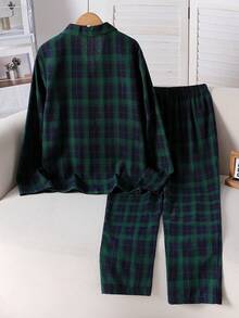 Winter  2pcs Men's Casual Plaid Shirt & Pants Pajama Set, Classic Minimalist Design Pajama Set Teen Boys