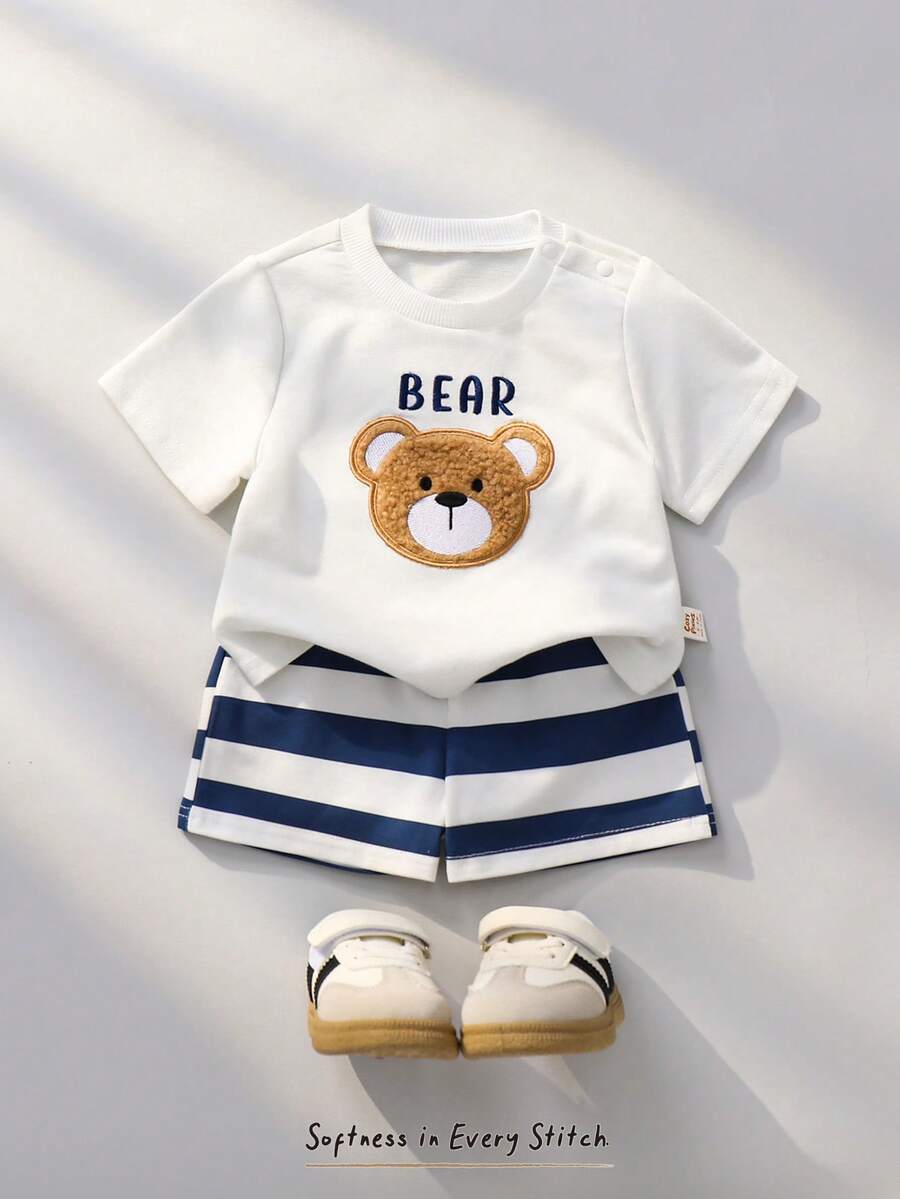 Cozy Pixies Conjunto de 2 piezas para bebé recién nacido niño/niña: Top de cuello redondo de manga corta con patrón de oso de punto suave y pantalones cortos de cintura elástica - Blanco - Ver 1