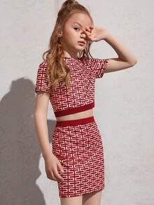 SHEIN Nova Glow Tween Girl Geo Print Mock Neck Tee And Skirt Set Valentine's Day - Multicolor - View 4