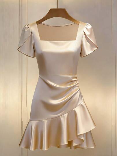 Franclia Women's New Square Neck Short Sleeve Ruched Waist Layered Ruffle Hem Fitted Short Dress,High-End Satin ; Satin Bodycon Dress; Summer,Summer Dress ,Summer Holiday Outfits,Spring, Spring Outfit Women, Valentine's Day,Valentines Day Outfit,Carnival,Carnival Women,Beach,Beach Dress,Beach Dress,Wedding,Birthday,Birthday Dress,Gym,Going Out, Elegant, Elegant Dresses For Women,Vacation,Casual,Y2k,Graduation Season Attire, Fashionable Casual Commuter Wear, Business Office Wear, Versatile And Stylish Everyday Casual Wear, Urban Teacher's Professional AttireElegant Fitted Maxi Gown For Banquet,Elegant Dresses For Women,Elegant Dress Women, Wedding Guest Dress For Women,Wedding Party Dress,Valentines Day Dress,Valentine Outfits For Women,Valentine Clothes Elegant Dresses For Party Birthday Dress For Women