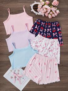 3 Stücke/Set Mädchen Lässig Süß Cartoon Herz, Schleife, Kirsche Muster Weste und Shorts Pyjama Set, Sommer - Verschiedenfarbig - Übersicht 2