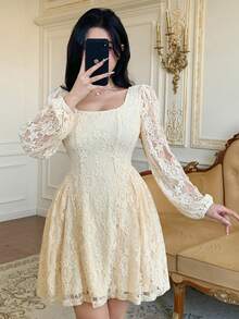 DAZY 女士优雅蕾丝泡泡袖方领迷你连衣裙，春夏款 - 米色 - 查看 9