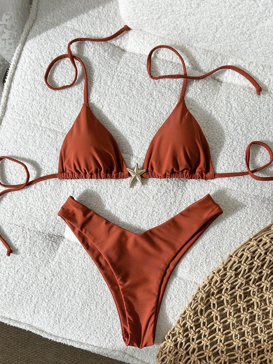 Swim Vcay Damen einfarbiger Spaghetti-Träger Bikini-Set mit Metalldekor, sexy, für den Sommer - Braun - Übersicht 1