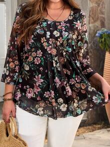 SHEIN CURVE+ Áo sơ mi tay lửng in hoa màu xanh hải quân cỡ lớn dành cho nữ, trang phục mùa hè cho nữ. - Nhiều màu - Xem 7