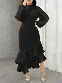 Feyla 女士纯色简约高领长袖中长连衣裙，休闲日常穿着 - 黑色 - 查看 6