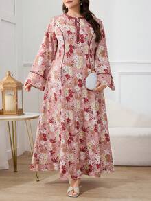 Al Najma Plus Size Women Elegant Floral Print Arabic Style Dress - Black - View 4