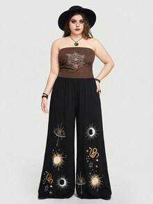 ROMWE Quần ống rộng màu đen in họa tiết ngôi sao, mặt trăng và mắt rắn theo phong cách Gothic, kiểu dáng rộng rãi, thoải mái, cỡ lớn. - màu đen - Xem 4