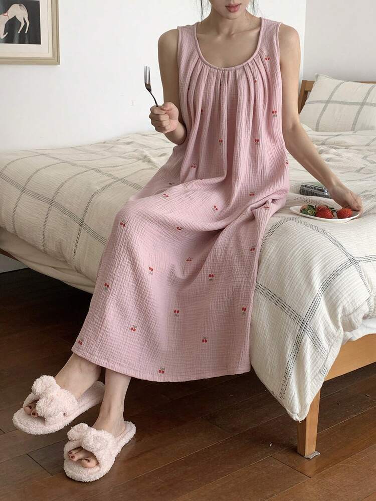 Cherry Print All-Over Textured Chiffon Fabric Sleeveless Loose Women Nightgown