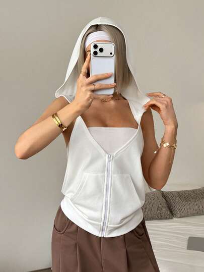 Slayform Damska seksowna bluza sportowa z odkrytymi plecami, zamkiem błyskawicznym i kieszenią, z kapturem i bez rękawów, idealna na wiosnę i lato, do noszenia na co dzień